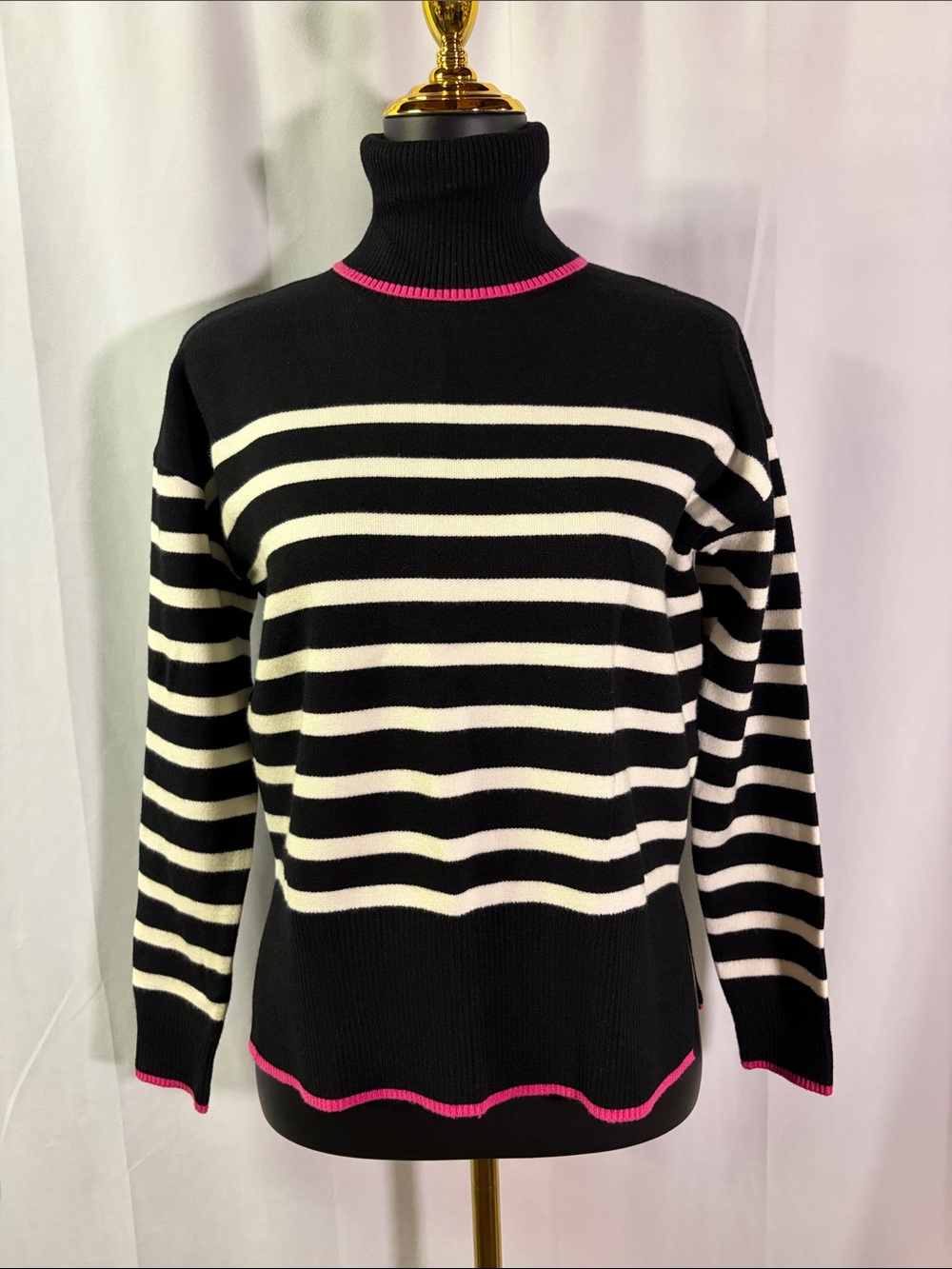 Nicole Miller Black White & Pink Striped Long Sleeve Turtleneck Sweater
